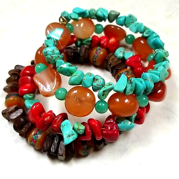 Hand Crafted Boho Tibetan Agate, Turquoise and Amber Wrap Bracelet - Picture 4 of 16